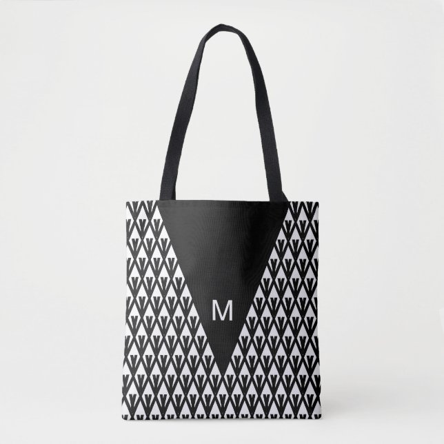 Elegant svart-vit diamantmönster & monogram tygkasse (Framsida)