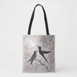 Elegant svart & vit Fågel Blommig Konst Toteväska Tygkasse