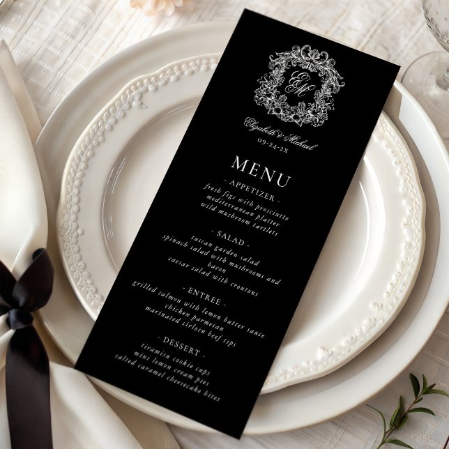 Elegant svart vit formell monogram vapensköld bröl meny (Skapare uppladdad)