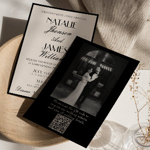 Elegant svart-vit gammal peng QR-kod bröllopsinbju Inbjudningar