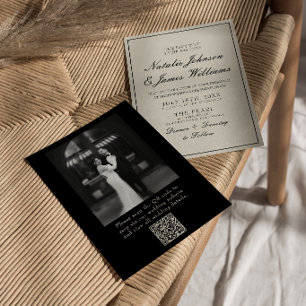 Elegant svart-vit gammaldags QR-kod foto bröllop Inbjudningar