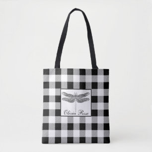 Elegant svart vit gingham trollslända tygkasse