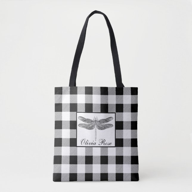 Elegant svart vit gingham trollslända  tygkasse (Framsida)