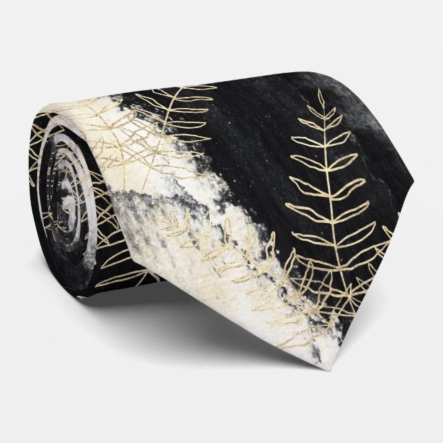 Elegant svart & vit guld Fern blad bröllop Slips (Rullad)