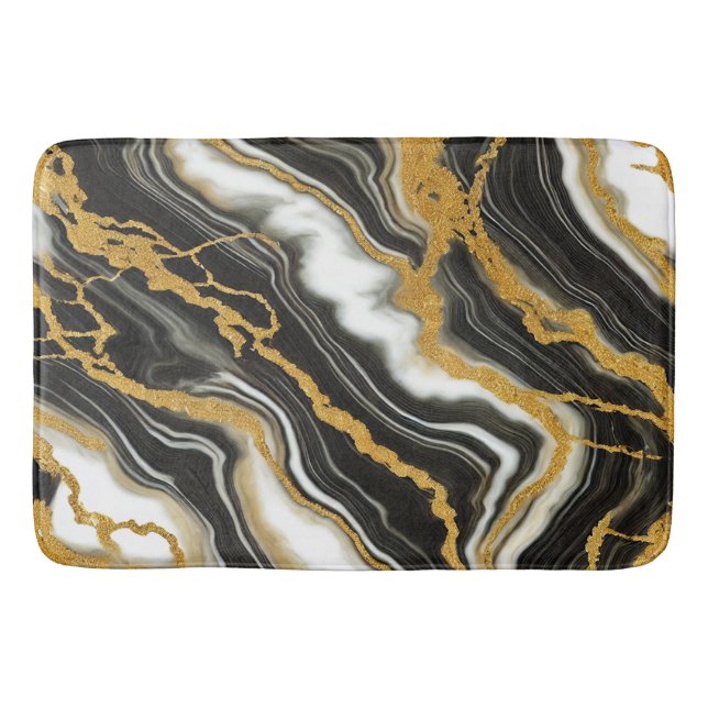 Elegant svart vit guld marmor look glamour badrumsmatta (Framsidan)