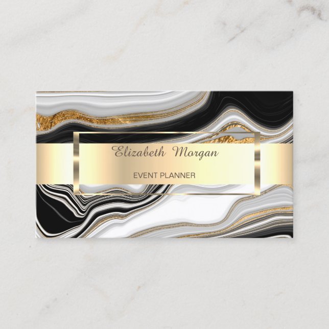 Elegant svart vit guld marmor visitkort (Framsida)