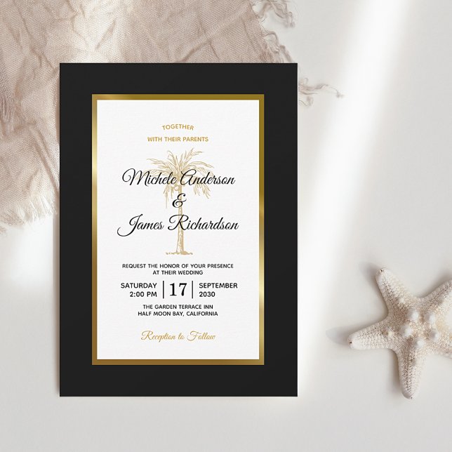 Elegant svart vit guld palmträd modern bröllopsfes inbjudningar (Skapare uppladdad)