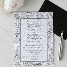 Elegant svart vit handritad blomsterbröllop