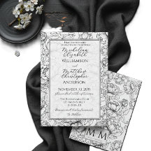 Elegant svart vit handritad blomsterbröllop