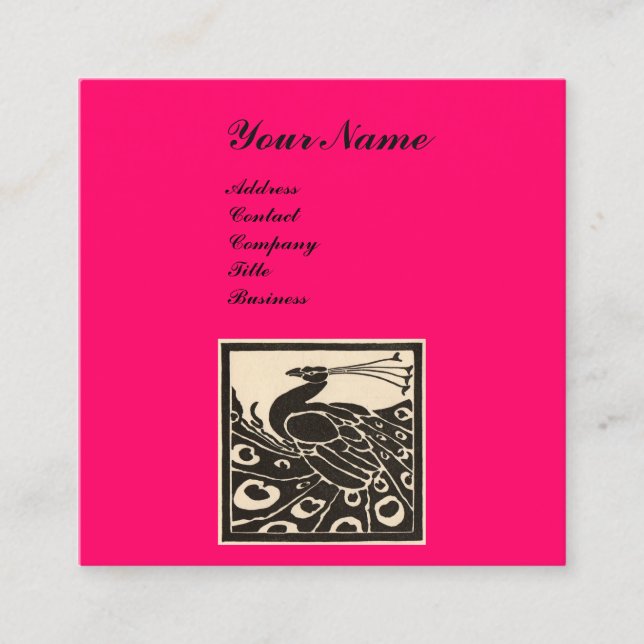ELEGANT SVART VIT HET ROSA PÅFÅGEL MONOGRAM FYRKANTIGT VISITKORT (Framsida)