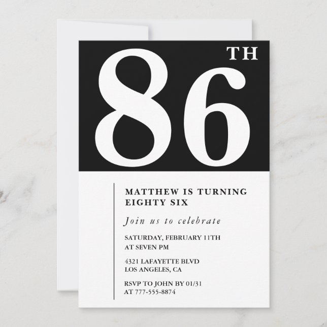 Elegant svart-vit inbjudan till 86-årsdag (Framsida)