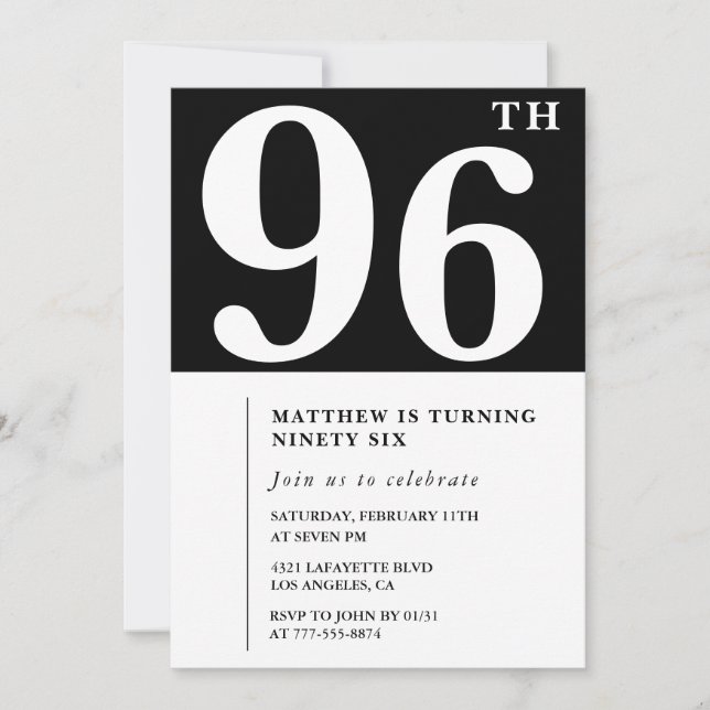 Elegant svart-vit inbjudan till 96-årsfirande (Framsida)
