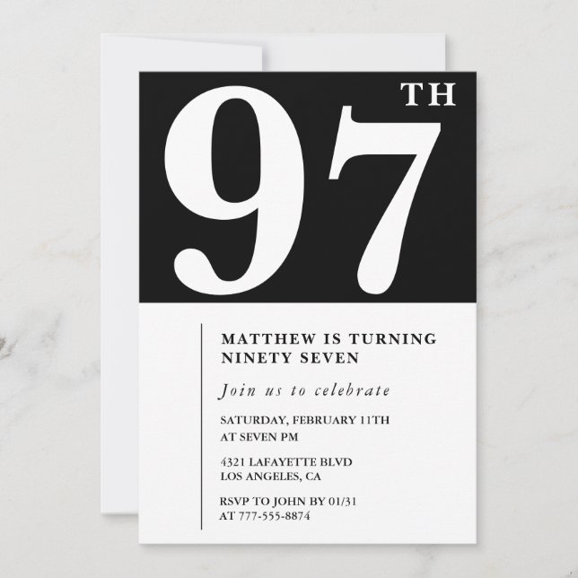Elegant svart-vit inbjudan till 97-årsdag (Framsida)