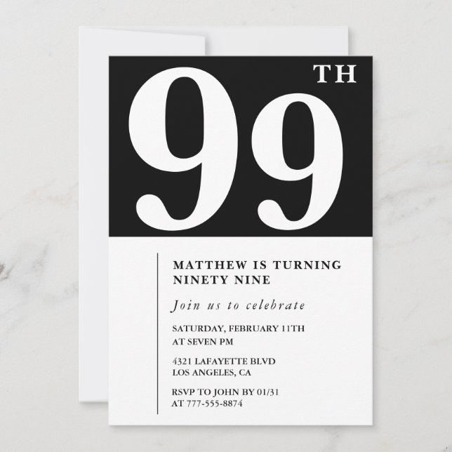 Elegant svart-vit inbjudan till 99-årsdag (Framsida)