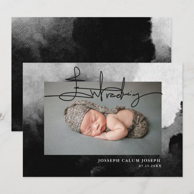 Elegant svart vit introduktionsscript Foto Baby Meddelande (Fram/baksida)