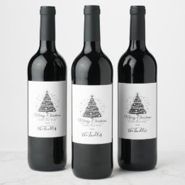 Elegant svart-vit julgran med stilig skrift vinflaska etikett