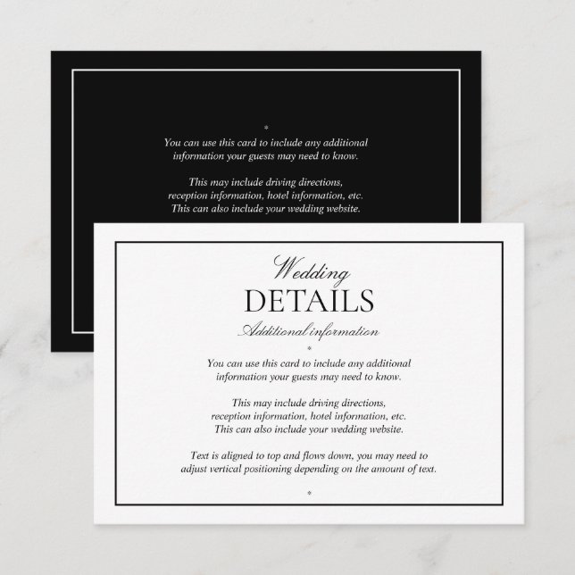 Elegant Svart Vit Klassisk Skript Detaljer Tilläggskort (Fram/baksida)