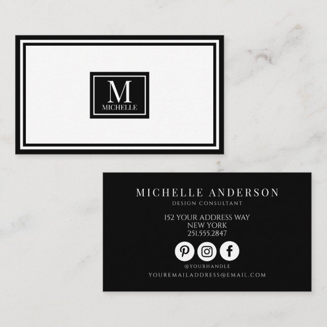 Elegant Svart Vit Lyx Monogram Modern Visitkort (Fram/baksida)