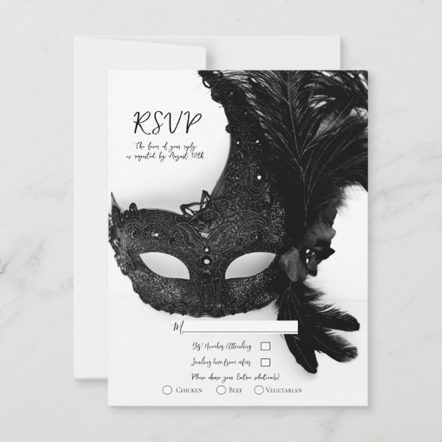 Elegant svart-vit maskeradmask Bröllop RSVP Inbjudningar (Framsida)