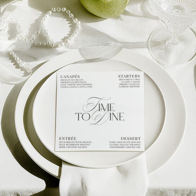 Elegant svart & vit menykort för bröllopsmiddag inbjudningar (Elegant Black & White Wedding Dinner Menu Card)