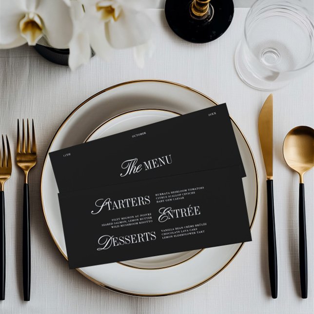 Elegant svart & vit menykort för bröllopsmiddag meny (Elegant Black & White Wedding Dinner Menu Card)