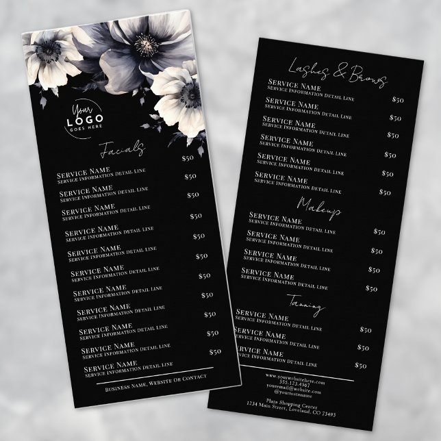 Elegant svart vit menykort för spa-tjänster reklamkort (Elegant Black White Spa Services Menu Rack Card )