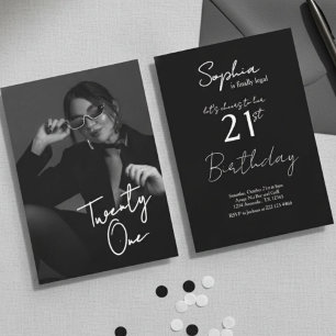 Elegant svart & vit modern 21-års födelsedagsfoto inbjudningar