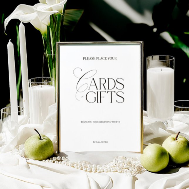 Elegant svart & vit modern ”Kort & Gåvor” skylt (Elegant Black & White Modern “Cards & Gifts” Sign)