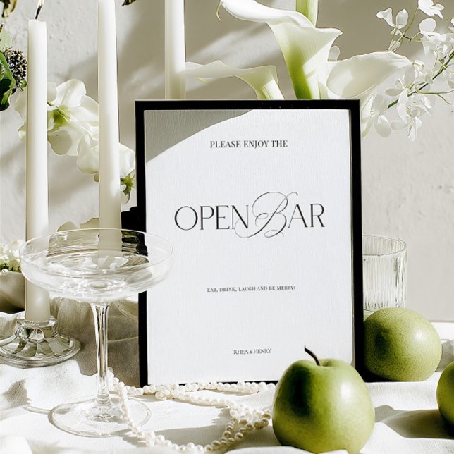 Elegant svart & vit modern öppen barskylt för bröl (Elegant Black & White Modern Wedding Open Bar Sign)