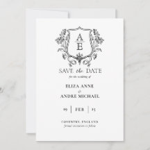 Elegant svart & vit monogram blad vapensköld bröll