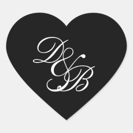 Elegant svart/vit monogram bröllop hjärta sigill hjärtformat klistermärke