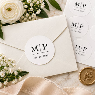 Elegant svart & vit monogram bröllopsdekal runt klistermärke