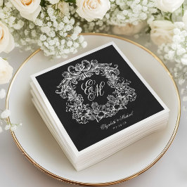 Elegant svart-vit monogram krön skript bröllop pappersservett