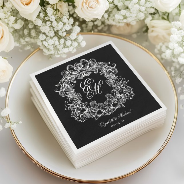 Elegant svart-vit monogram krön skript bröllop pappersservett (Skapare uppladdad)