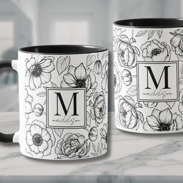 Elegant svart-vit monogram mugg (Elegant Black White Monogram Mug)