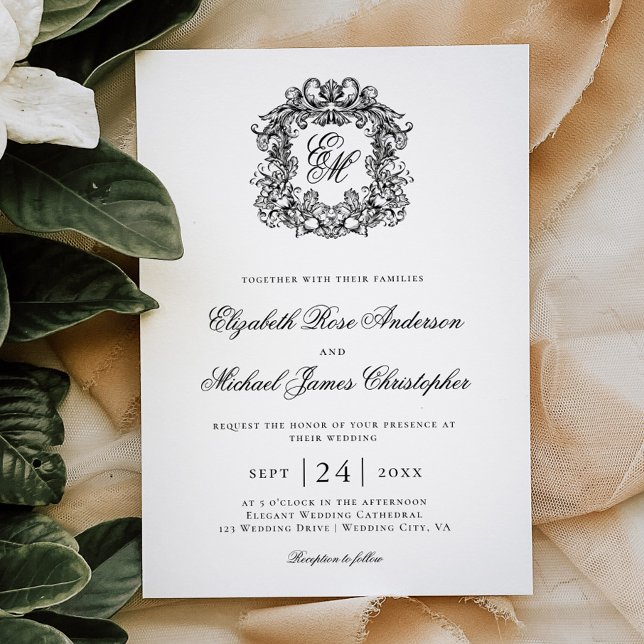 Elegant svart-vit monogram topp bryllup inbjudningar (Skapare uppladdad)