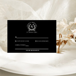 Elegant svart/vit monogram vapensköld bröllop OSA kort
