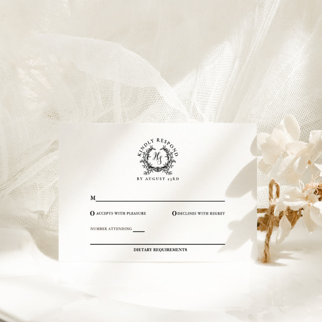 Elegant svart/vit monogram vapensköld bröllop OSA kort (Skapare uppladdad)