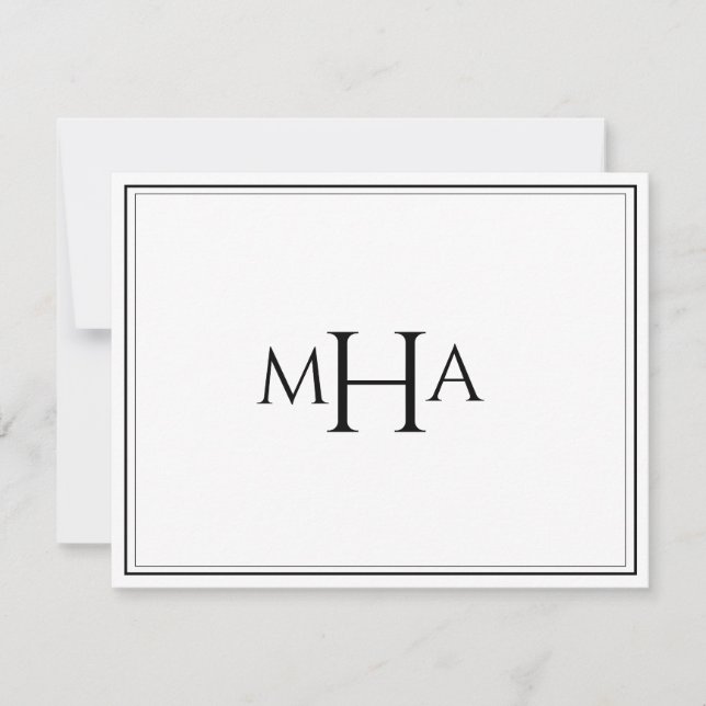 Elegant svart & vit monogrammerad platt tack kort (Framsida)