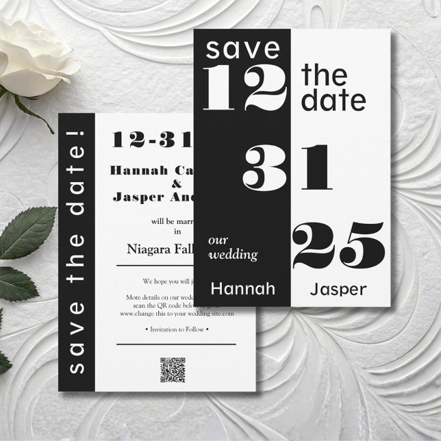 Elegant svart & vit nyårsafton bröllop  spara datumet (Bold and Modern Chic Save the Date for a New Year's Eve Wedding)