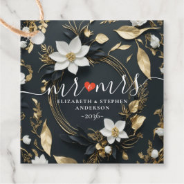 Elegant svart vit och guld blomsterkrans bröllop gåvor etiketter