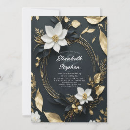 Elegant svart vit och guld blomsterkrans bröllop inbjudningar