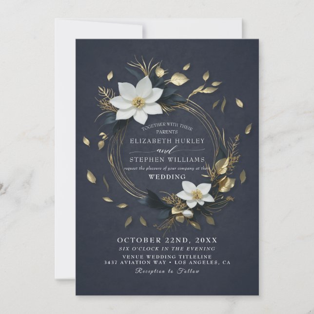 Elegant svart vit och guld blomsterkrans bröllop inbjudningar (Framsida)