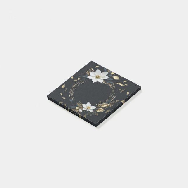 Elegant svart vit och guld blomsterkrans bröllop post-it block (Vinklad)