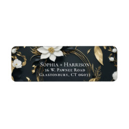 Elegant svart vit och guld blomsterkrans bröllop returadress etikett