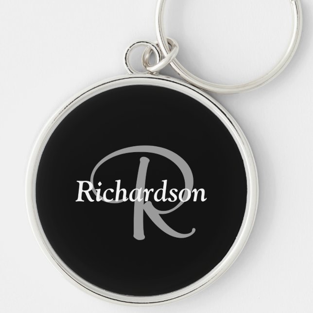 Elegant svart vit och silvergrå monogram rund silverfärgad nyckelring (Framsidan)