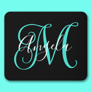 Elegant svart, vit och turkos monogram musmatta
