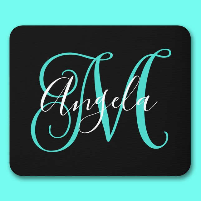 Elegant svart, vit och turkos monogram musmatta (Elegant Script Black White and Turquoise Monogram Mouse Pad)
