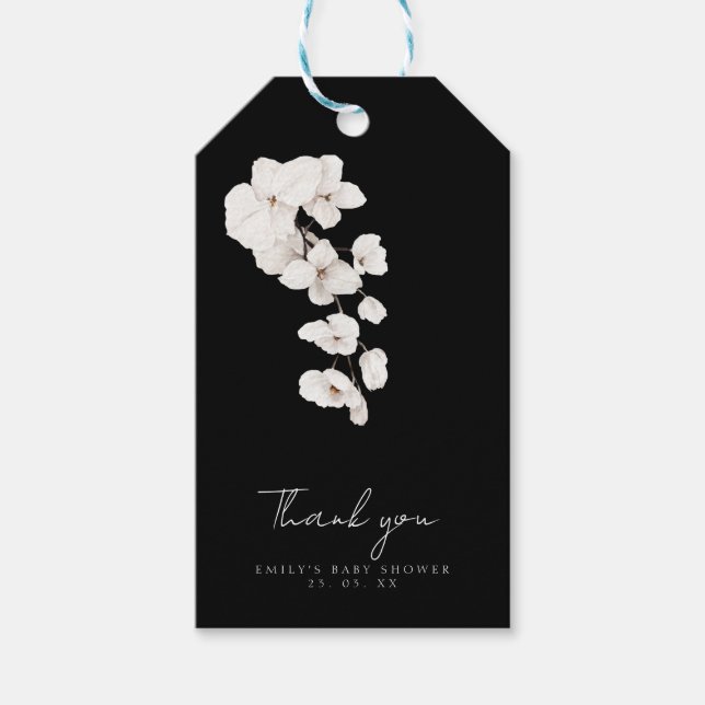 Elegant svart vit orkidé baby shower present presentetikett (Framsidan)