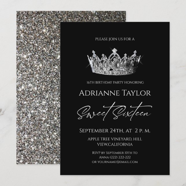 Elegant svart vit prinsessa Sweet 16  Inbjudningar (Fram/baksida)